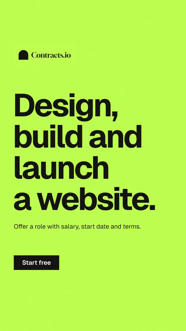 Instagram story for contracts.io: "Design, build and launch a website." Swiss style, announce layout, light palette in green.