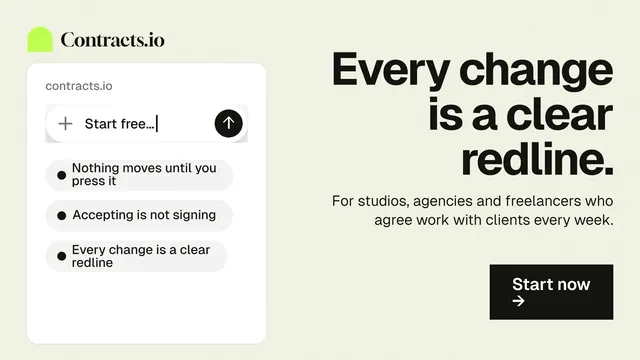 Landscape graphic for contracts.io: "Every change is a clear redline." Swiss style, right layout, light palette in white, grey.