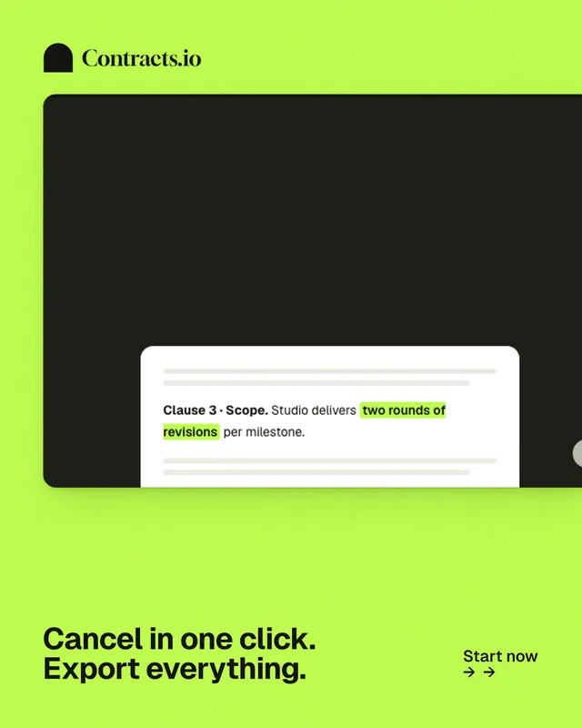 Instagram portrait post for contracts.io: "Cancel in one click. Export everything." Swiss style, image led layout, light palette in green, black.