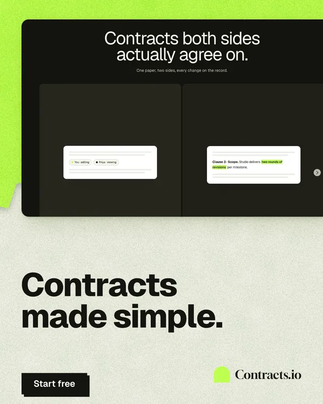 Instagram portrait post for contracts.io: "Contracts made simple." Paper trio style, bottom layout, light palette in green, black, grey.