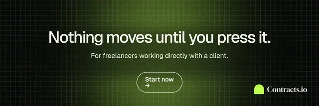X header for contracts.io: "Nothing moves until you press it." Phosphor atlas style, centred layout, dark palette in green, black.