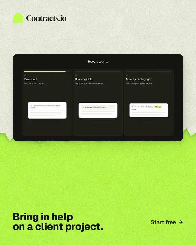 Instagram portrait post for contracts.io: "Bring in help on a client project." Paper trio style, image led layout, light palette in black, green.