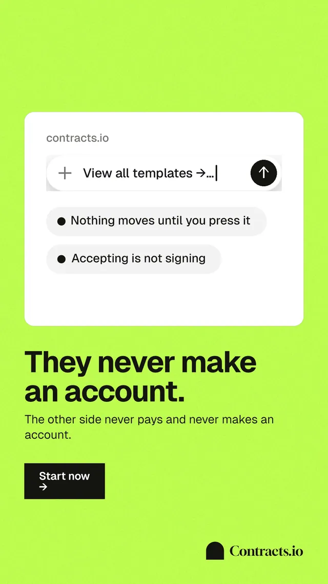 Instagram story for contracts.io: "They never make an account." Swiss style, bottom layout, light palette in white, green.