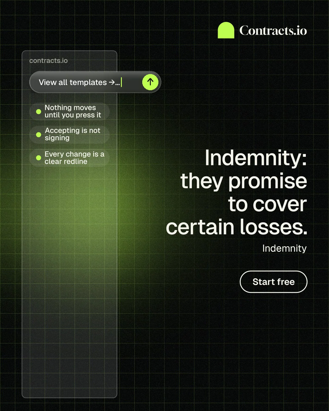 Instagram portrait post for contracts.io: "Indemnity: they promise to cover certain losses." Phosphor atlas style, right layout, dark palette in black, green.