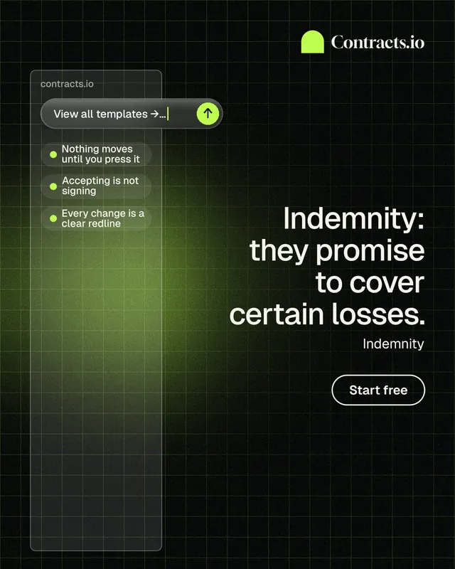 Instagram portrait post for contracts.io: "Indemnity: they promise to cover certain losses." Phosphor atlas style, right layout, dark palette in black, green.