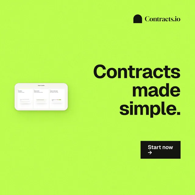 Instagram post for contracts.io: "Contracts made simple." Swiss style, right layout, light palette in green.