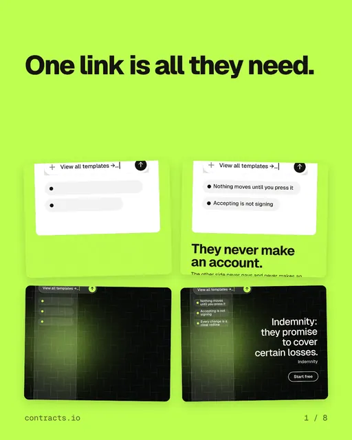 Carousel for contracts.io: "One link is all they need.". Collection carousel, 8 slides, light palette.