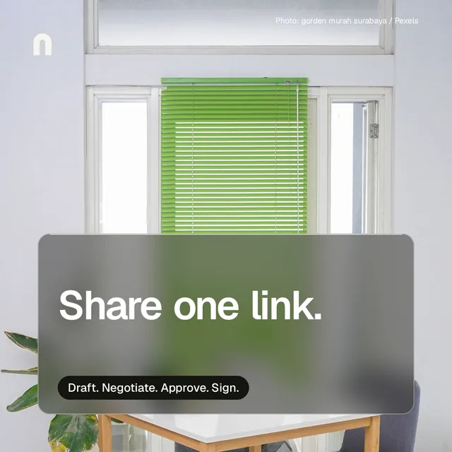 Instagram post for contracts.io: "Share one link." Glass style, technique:pexels ingredient layout, light palette in white, grey.