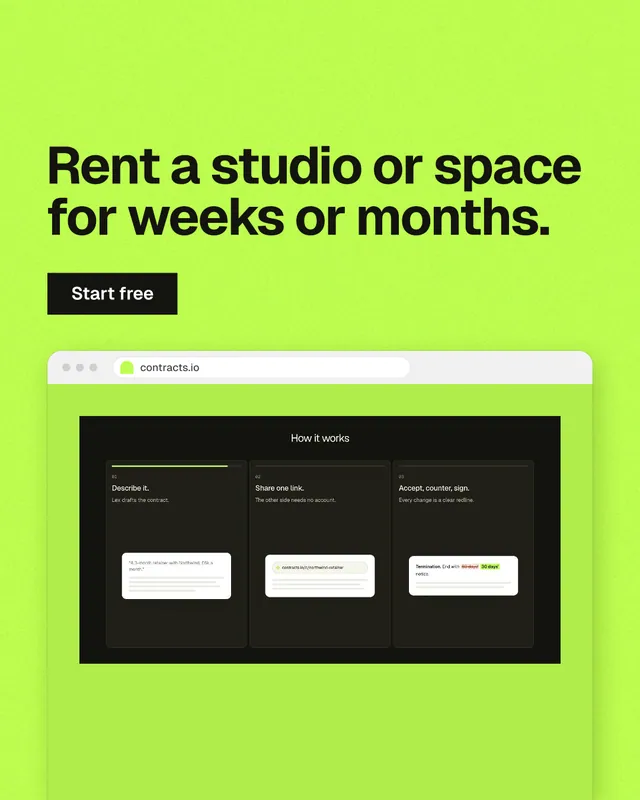 Instagram portrait post for contracts.io: "Rent a studio or space for weeks or months." Swiss style, browser layout, light palette in green.