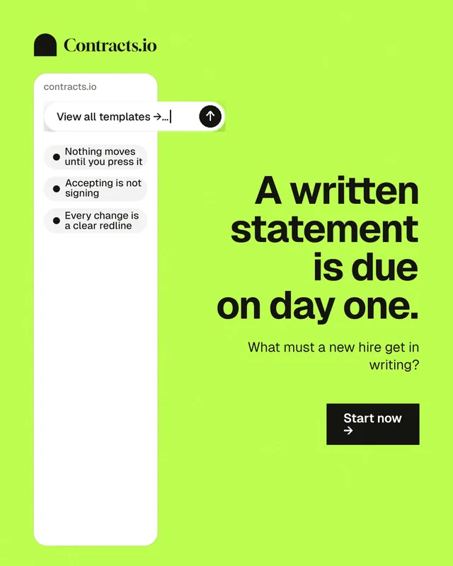 Instagram portrait post for contracts.io: "A written statement is due on day one." Swiss style, right layout, light palette in green, white.