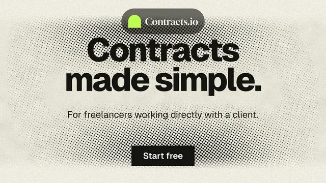 Landscape graphic for contracts.io: "Contracts made simple." Ink sticker style, centred layout, light palette in yellow, grey.