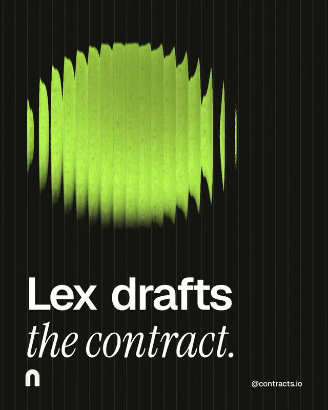 Instagram portrait post for contracts.io: "Lex drafts the contract." Auto 4x5 style, technique:shader field layout, dark palette in black, green.