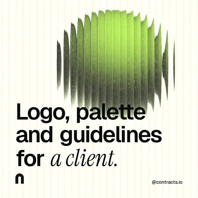 Instagram post for contracts.io: "Logo, palette and guidelines for a client." Auto 1x1 style, technique:shader field layout, light palette in white, grey, green.
