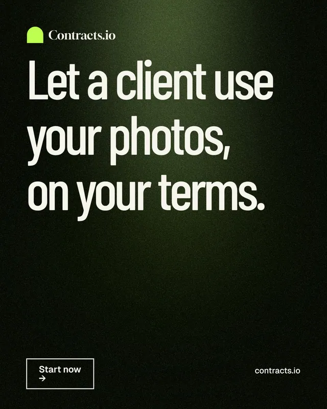 Instagram portrait post for contracts.io: "Let a client use your photos, on your terms." Dark deco style, poster layout, dark palette in black, grey.