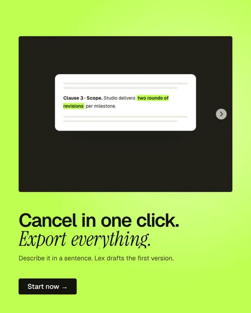Video for contracts.io: "Cancel in one click. Export everything.". Doc motion loop, 7.0 s, light palette.