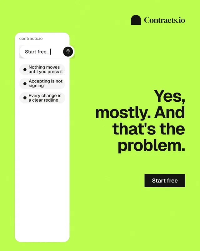 Instagram portrait post for contracts.io: "Yes, mostly. And that's the problem." Swiss style, right layout, light palette in green, white.