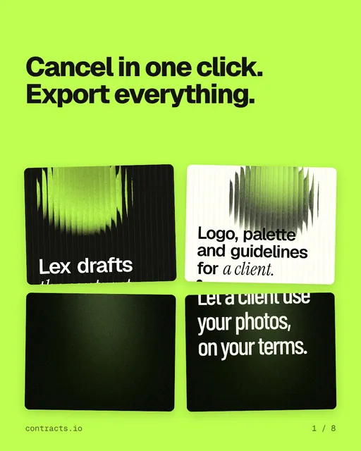 Carousel for contracts.io: "Cancel in one click. Export everything.". Collection carousel, 8 slides, light palette.