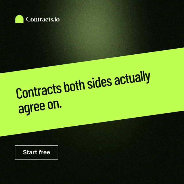 Instagram post for contracts.io: "Contracts both sides actually agree on." Dark deco style, diagonal layout, dark palette in green, black.