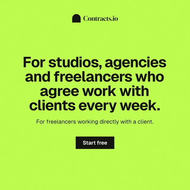 Instagram post for contracts.io: "For studios, agencies and freelancers who agree work with clients every week." Swiss style, centred layout, light palette in green.