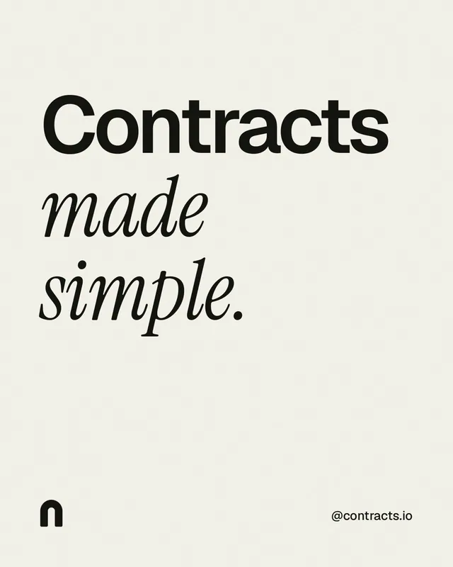 Instagram portrait post for contracts.io: "Contracts made simple." Editorial style, technique:mixed type lockup layout, light palette in white, grey.