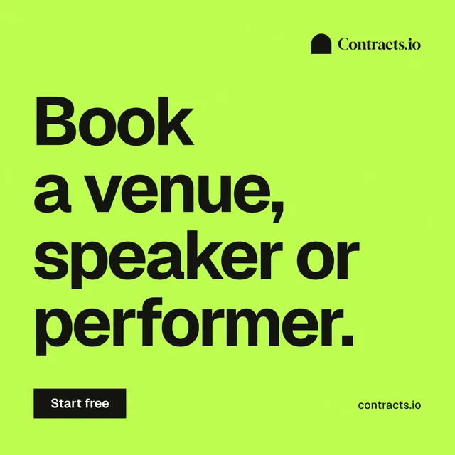 Instagram post for contracts.io: "Book a venue, speaker or performer." Swiss style, poster layout, light palette in green.