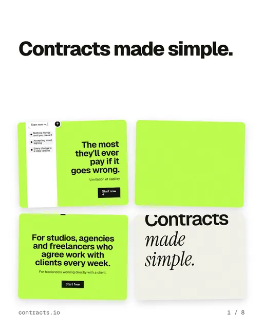Carousel for contracts.io: "Contracts made simple.". Collection carousel, 8 slides, light palette.