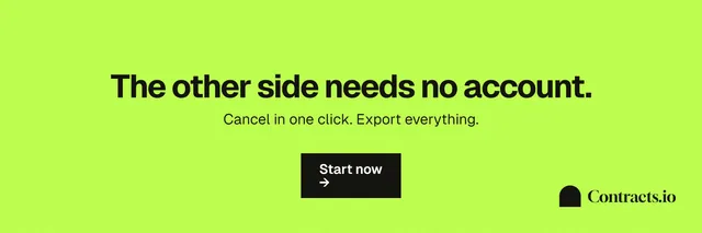 X header for contracts.io: "The other side needs no account." Swiss style, centred layout, light palette in green.