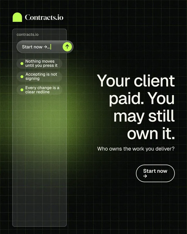 Instagram portrait post for contracts.io: "Your client paid. You may still own it." Phosphor atlas style, right layout, dark palette in black, green.