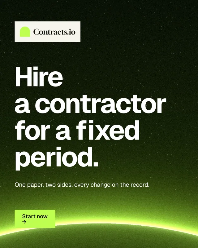 Instagram portrait post for contracts.io: "Hire a contractor for a fixed period." Swiss style, announce layout, dark palette in green, black.