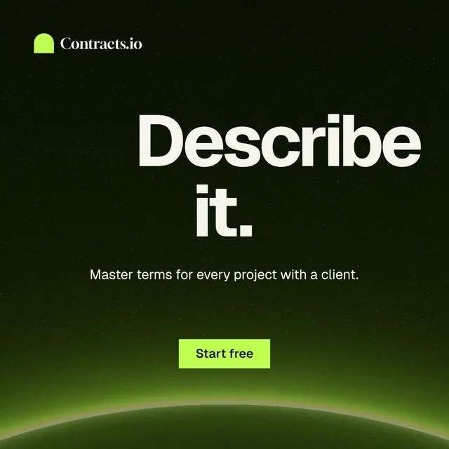 Instagram post for contracts.io: "Describe it." Swiss style, centred layout, dark palette in black, green.