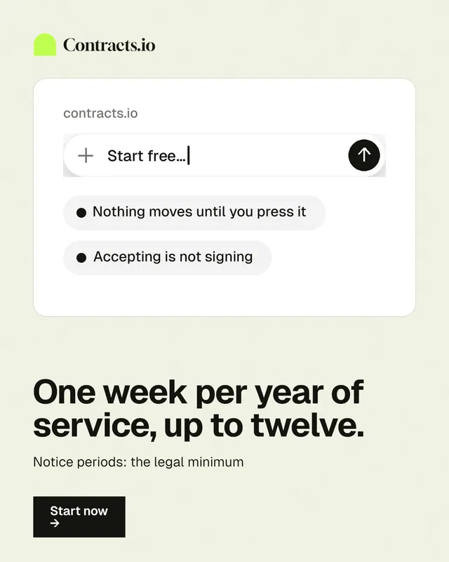 Instagram portrait post for contracts.io: "One week per year of service, up to twelve." Swiss style, bottom layout, light palette in white, grey.