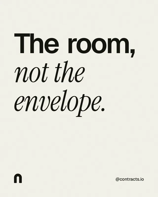 Instagram portrait post for contracts.io: "The room, not the envelope." Editorial style, technique:mixed type lockup layout, light palette in white, grey.