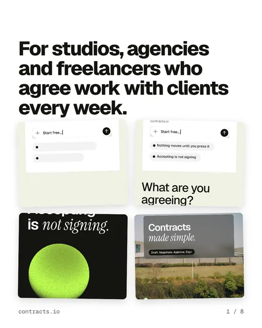 Carousel for contracts.io: "For studios, agencies and freelancers who agree work with clients every week.". Collection carousel, 8 slides, light palette.