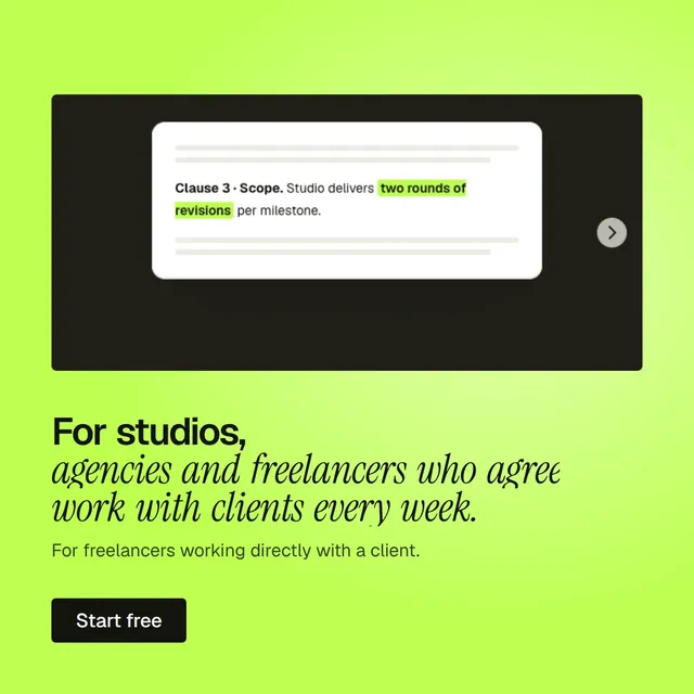 Video for contracts.io: "For studios, agencies and freelancers who agree work with clients every week.". Doc motion loop, 7.0 s, light palette.