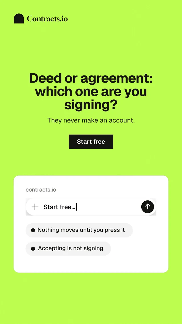 Instagram story for contracts.io: "Deed or agreement: which one are you signing?" Swiss style, centred layout, light palette in green, white.