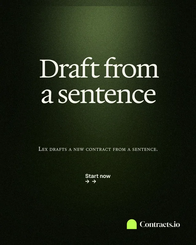 Instagram portrait post for contracts.io: "Draft from a sentence". Dark deco style, smallcaps layout, dark palette in black, green.