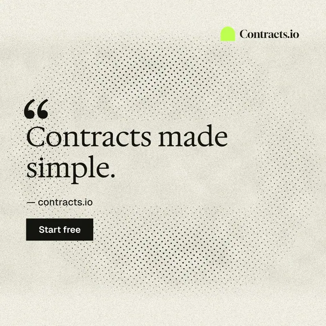 Instagram post for contracts.io: "Contracts made simple." Ink sticker style, quote layout, light palette in yellow, grey.