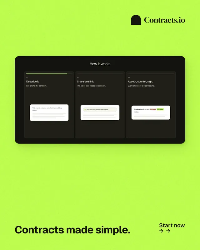 Instagram portrait post for contracts.io: "Contracts made simple." Swiss style, image led layout, light palette in green.