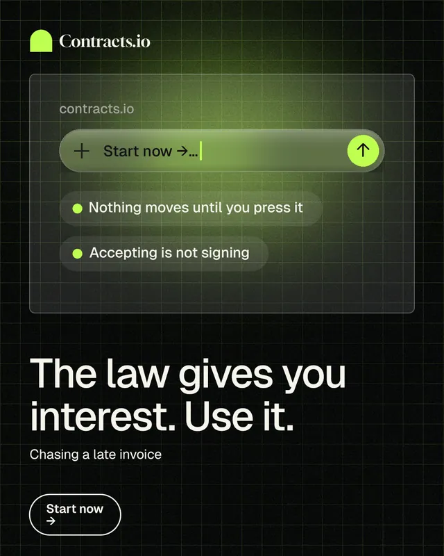 Instagram portrait post for contracts.io: "The law gives you interest. Use it." Phosphor atlas style, bottom layout, dark palette in black, green.