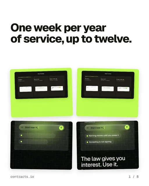 Carousel for contracts.io: "One week per year of service, up to twelve.". Collection carousel, 8 slides, light palette.