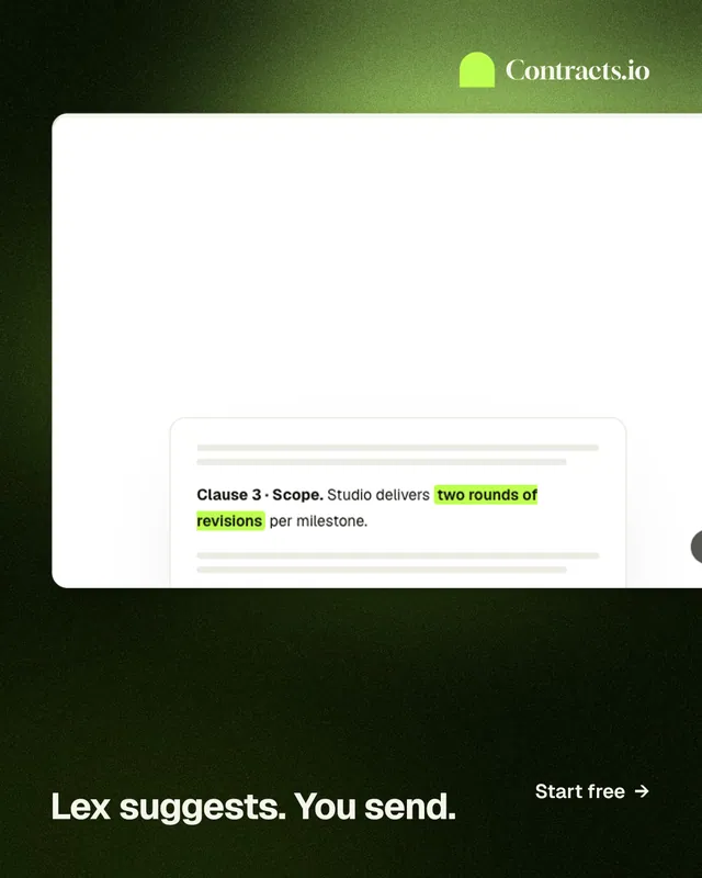 Instagram portrait post for contracts.io: "Lex suggests. You send." Swiss style, image led layout, light palette in white, black, green.