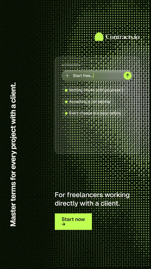 Instagram story for contracts.io: "Master terms for every project with a client." Swiss style, vertical layout, dark palette in green, black, grey.