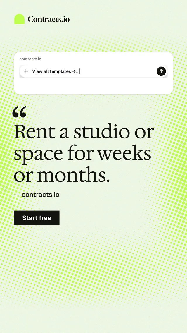 Instagram story for contracts.io: "Rent a studio or space for weeks or months." Swiss style, quote layout, light palette in green, white.