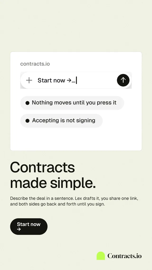 Instagram story for contracts.io: "Contracts made simple." Data card style, bottom layout, light palette in white.