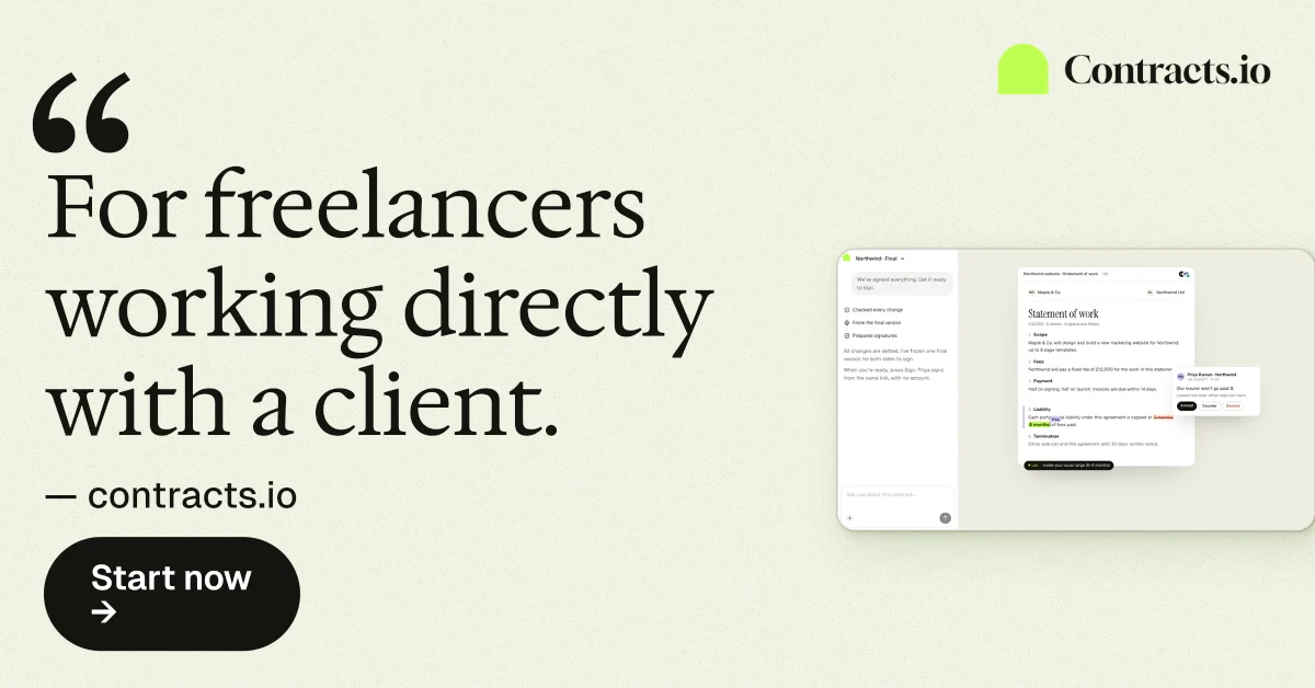 Social ad for contracts.io: "For freelancers working directly with a client." Data card style, quote layout, light palette in white, green, grey.