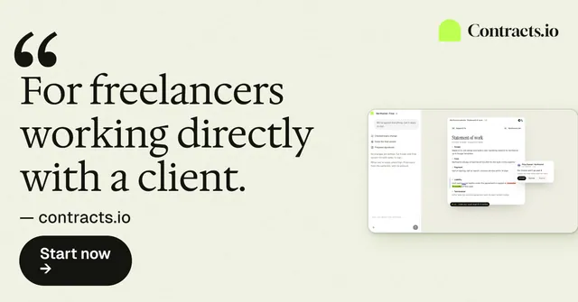 Social ad for contracts.io: "For freelancers working directly with a client." Data card style, quote layout, light palette in white, green, grey.