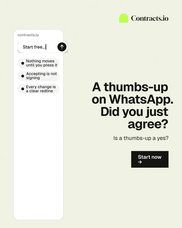 Instagram portrait post for contracts.io: "A thumbs-up on WhatsApp. Did you just agree?" Swiss style, right layout, light palette in white, grey.