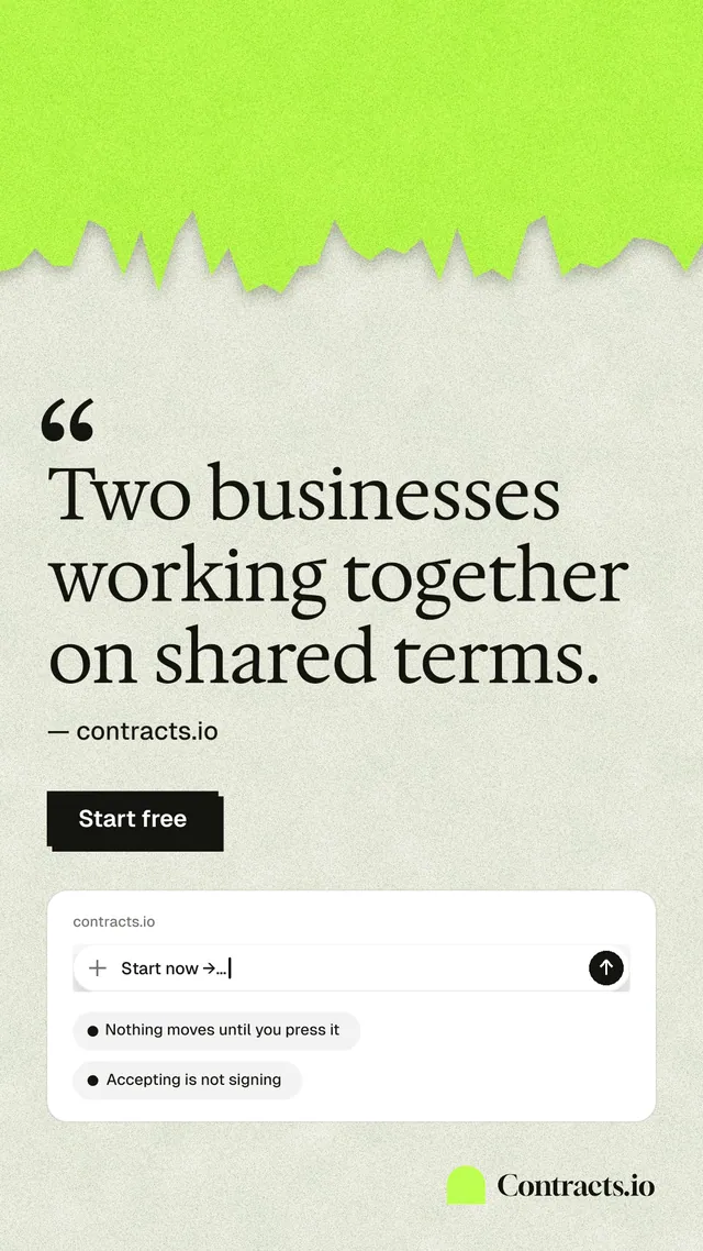 Instagram story for contracts.io: "Two businesses working together on shared terms." Paper trio style, quote layout, light palette in green, white, grey.