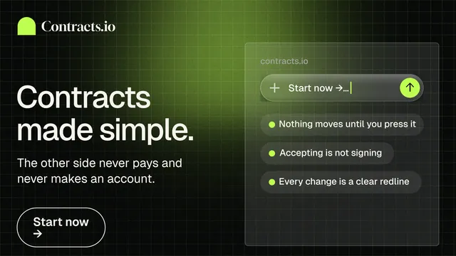 Landscape graphic for contracts.io: "Contracts made simple." Phosphor atlas style, bottom layout, dark palette in black, green.