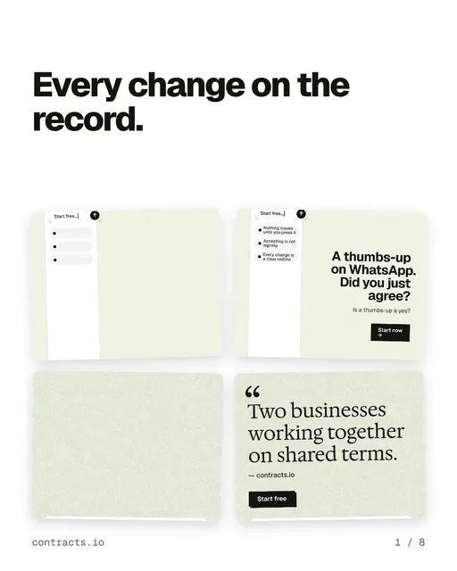 Carousel for contracts.io: "Every change on the record.". Collection carousel, 8 slides, light palette.